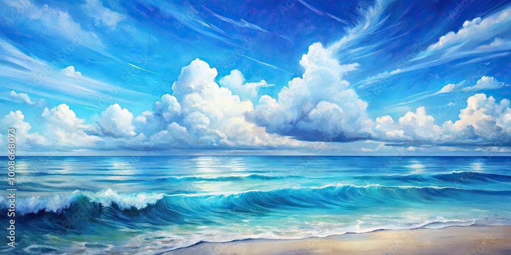 Serene Blue Sky Watercolor Painting with Soft Clouds and Gentle Waves Capturing Tranquil Beauty Serene Blue Sky Watercolor Painting with Soft Clouds and Gentle Waves Capturing Tranquil Beauty