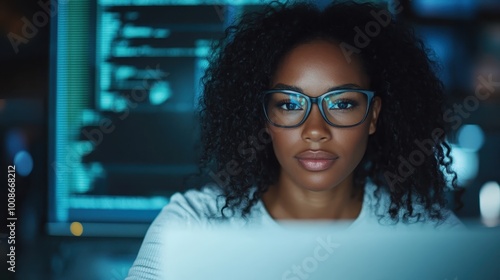 An African-American woman with curly hair and glasses works diligently at her laptop in a tech environment, with coding lines glowing on her screen, representing dedication.