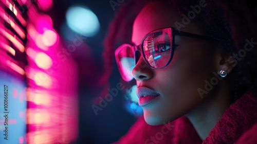 A side profile of a woman wearing glasses, her face illuminated by reflections of vibrant data streams on her lenses, symbolizing intelligence and modern technology. photo