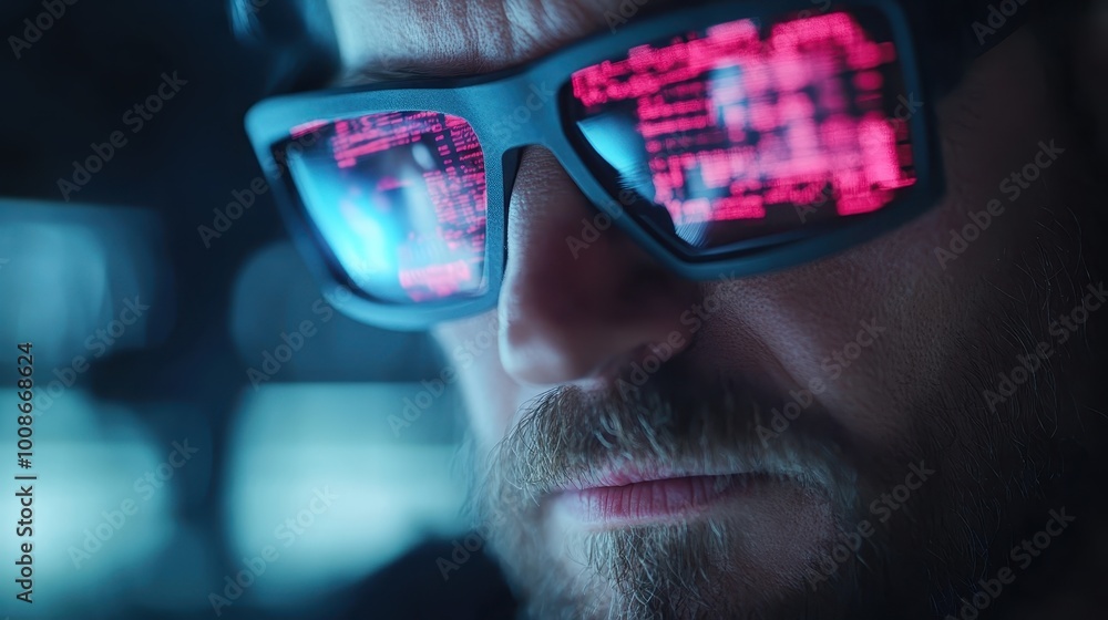 Close-up of a bearded man wearing futuristic glasses that reflect red digital code, representing the intersection of technology and humanity in a cyber setting. Close-up of a bearded man wearing futuristic glasses that reflect red digital code, representing the intersection of technology and humanity in a cyber setting.
