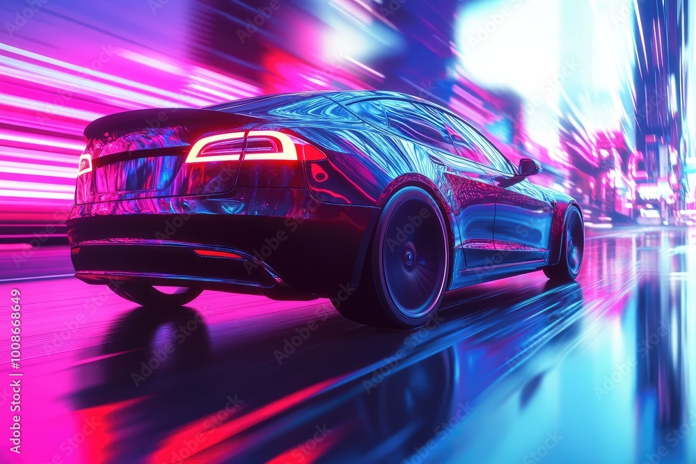 A sleek modern electric car speeding through a neon-lit futuristic cityscape at night. A sleek modern electric car speeding through a neon-lit futuristic cityscape at night.
