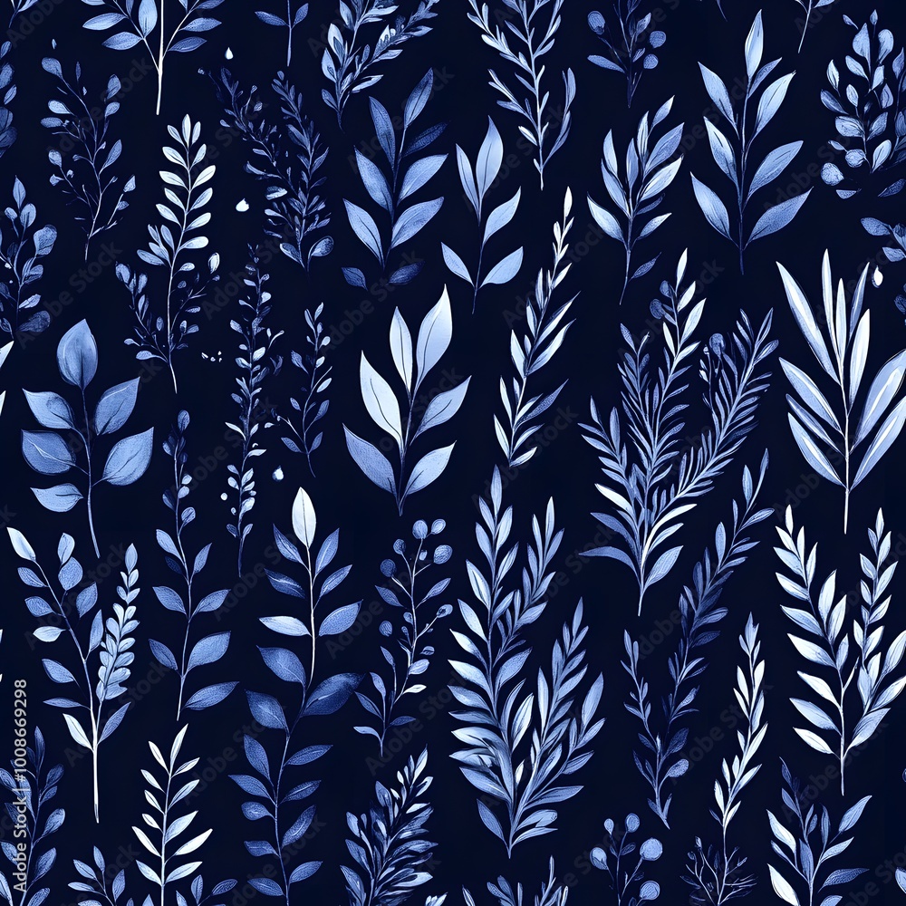 Fototapeta premium Blue Watercolor Floral Pattern Seamless Design