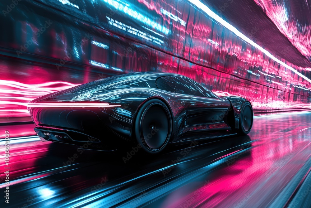 A sleek modern electric car speeding through a neon-lit futuristic cityscape at night. A sleek modern electric car speeding through a neon-lit futuristic cityscape at night.