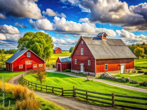 Serene Farmyard Landscape with Traditional Barns and Rustic Agricultural Buildings Under Blue Sky