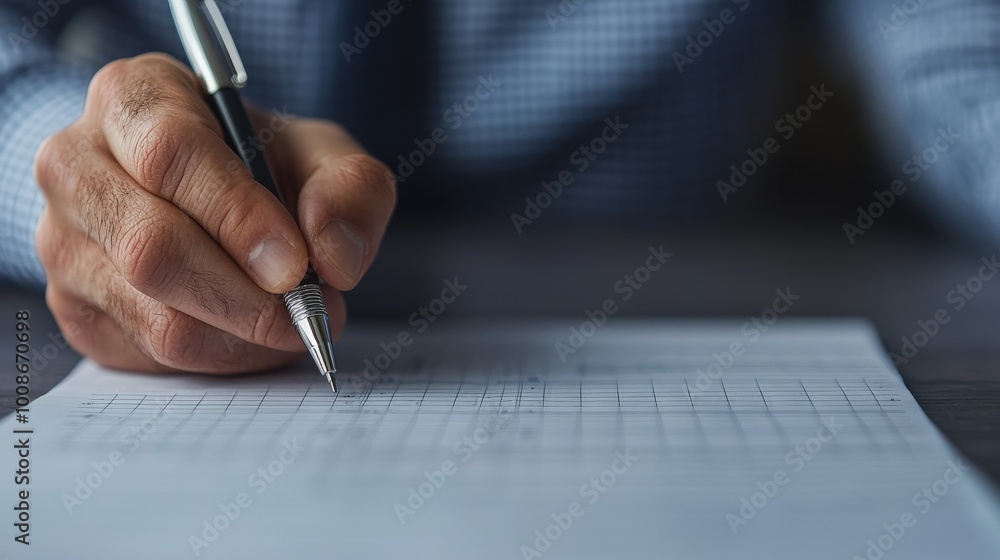 Close-up of a hand holding a pen, writing on a paper. Ideal image for themes of business, work, or education. Close-up of a hand holding a pen, writing on a paper. Ideal image for themes of business, work, or education.