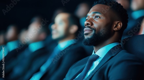 A well-dressed man is focused intently on a presentation or performance under dim lighting, representing ambition, concentration, and professional engagement.