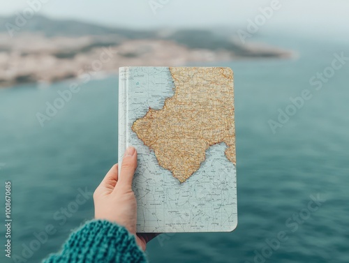 Hand holding a travel journal with a map cover against a scenic ocean background, ideal for adventure and exploration themes.