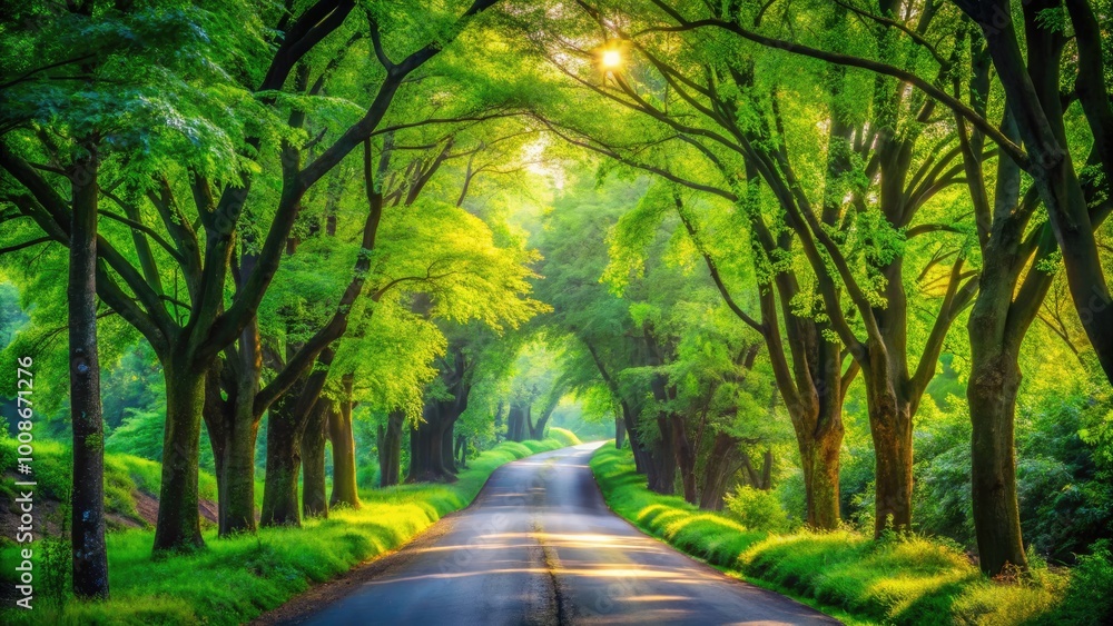 Fototapeta premium Serene Green Nature Road Surrounded by Lush Foliage and Vibrant Trees in a Tranquil Landscape