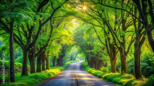 Serene Green Nature Road Surrounded by Lush Foliage and Vibrant Trees in a Tranquil Landscape