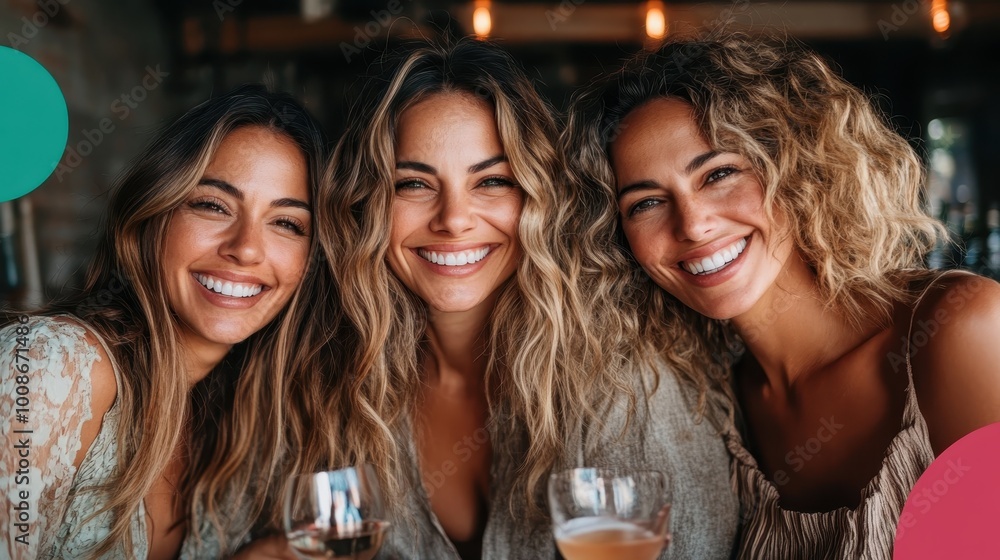 Three cheerful women with drinks are smiling broadly at a gathering, showcasing their close friendship and happiness in a lively and warm atmosphere. Three cheerful women with drinks are smiling broadly at a gathering, showcasing their close friendship and happiness in a lively and warm atmosphere.