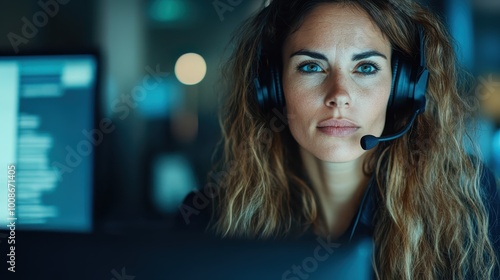 A woman staring intently at a computer screen while wearing a headset, focusing on her tasks with intense determination and concentration.