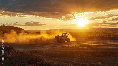 A sunset view capturing a construction vehicle creating dust on a rural landscape, showcasing nature's beauty and machinery in harmony.