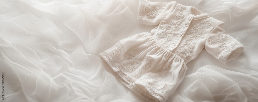 Obraz premium Delicate vintage baby dress resting on soft, airy fabric, perfect for capturing the essence of childhood and nostalgia.