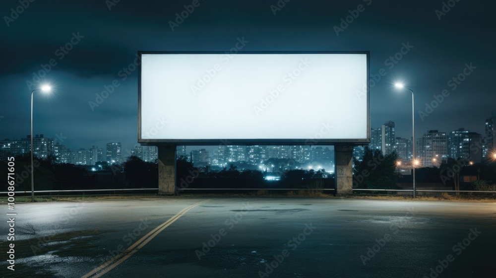 A nighttime view of a city skyline featuring a large blank billboard and streetlights. A nighttime view of a city skyline featuring a large blank billboard and streetlights.