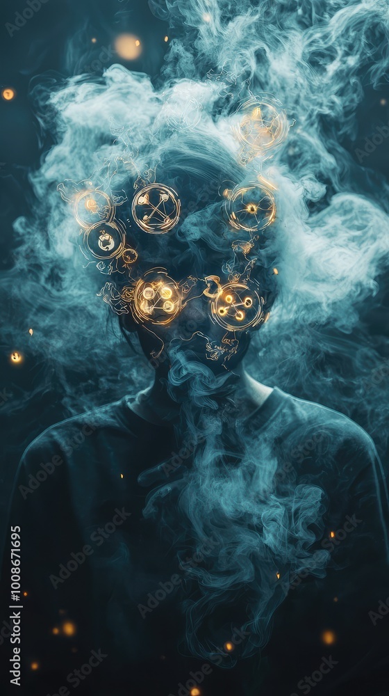 A surreal portrait featuring a figure with a cloud of smoke and glowing gears, symbolizing mystery and creativity. A surreal portrait featuring a figure with a cloud of smoke and glowing gears, symbolizing mystery and creativity.
