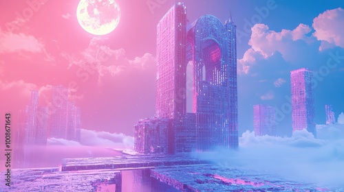 A surreal landscape with futuristic structures under a glowing pink moon, evoking a dreamlike atmosphere. photo