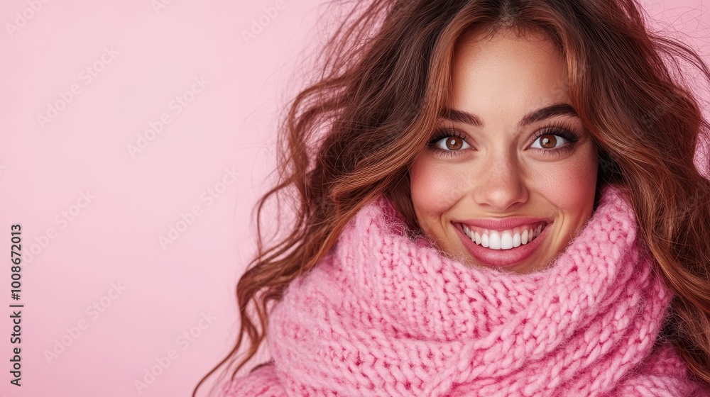 A young woman with wavy hair wrapped in a pink knit scarf smiles brightly against a pastel pink background, conveying warmth and comfort. Ideal for winter themes. A young woman with wavy hair wrapped in a pink knit scarf smiles brightly against a pastel pink background, conveying warmth and comfort. Ideal for winter themes.