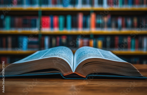 A wide-open book rests on a wooden table in a library filled with colorful shelves