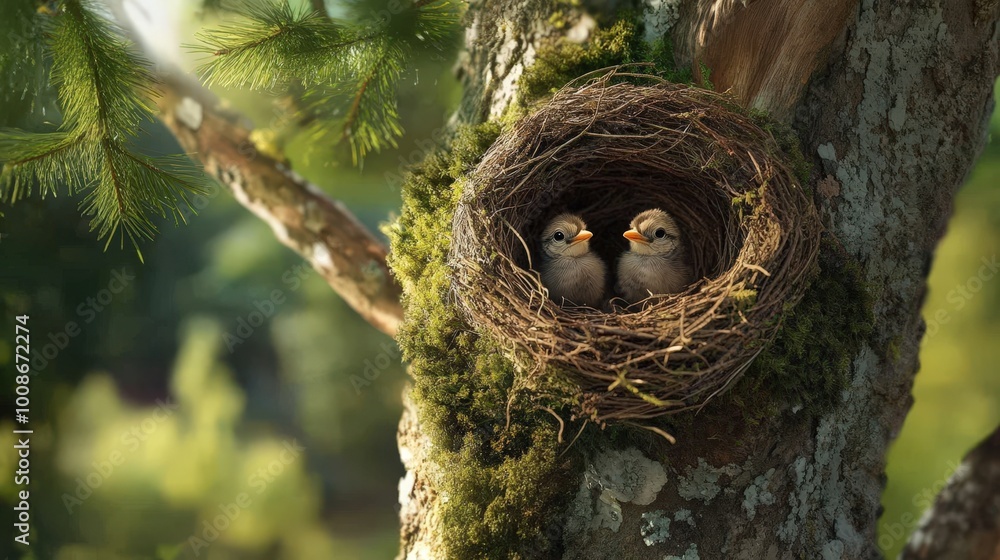 Two young birds peeking from their cozy nest, nestled in a tree, surrounded by lush greenery and soft sunlight. Two young birds peeking from their cozy nest, nestled in a tree, surrounded by lush greenery and soft sunlight.