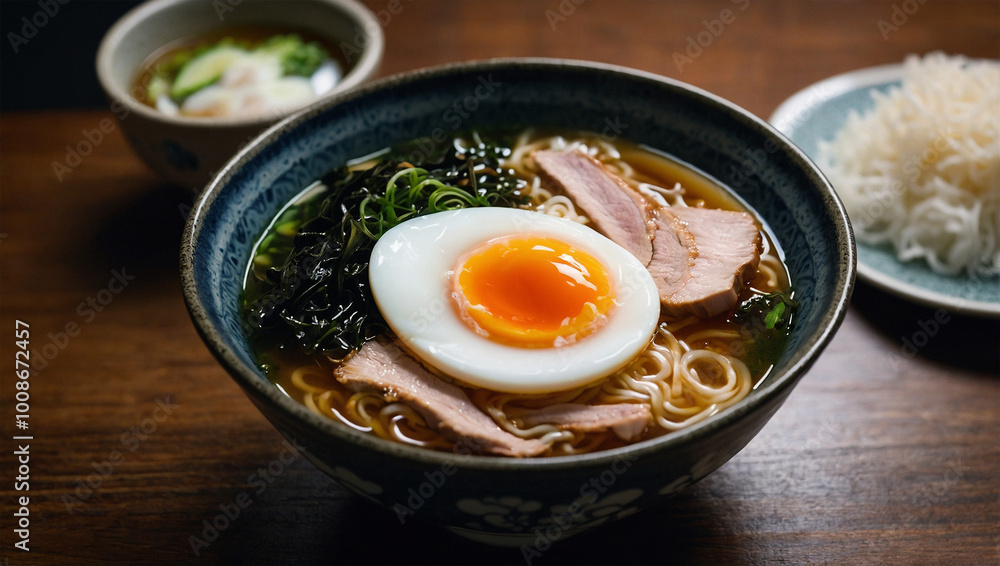 Hot bowl of ramen with sliced pork, seaweed, and a soft-boiled egg, with steam swirling above the broth. Hot bowl of ramen with sliced pork, seaweed, and a soft-boiled egg, with steam swirling above the broth.