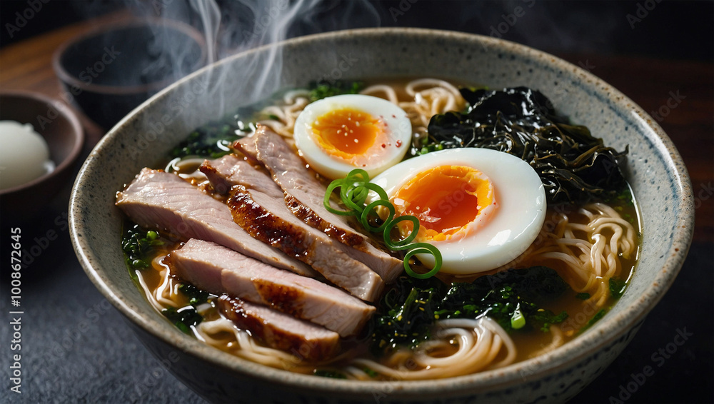 Hot bowl of ramen with sliced pork, seaweed, and a soft-boiled egg, with steam swirling above the broth. Hot bowl of ramen with sliced pork, seaweed, and a soft-boiled egg, with steam swirling above the broth.