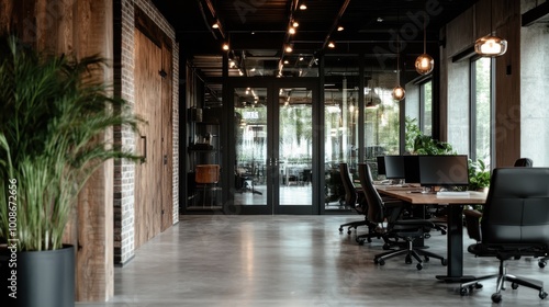 A stylish open workspace with modern black chairs and wooden accents, emphasizing an innovative, collaborative work environment with natural lighting and plants.