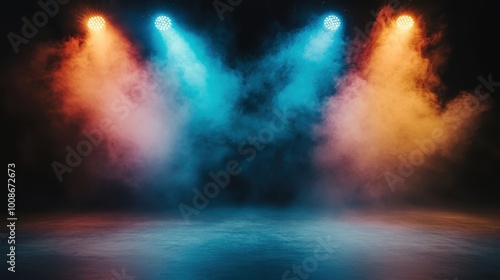 Dynamic stage lights create a stunning display of colorful haze, filling the venue with an enticing atmosphere that's perfect for events, performances, and celebrations.