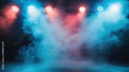 A captivating scene with vibrant stage lights illuminating a smoky environment, bringing forth an energetic ambiance suitable for live performances and vibrant events.