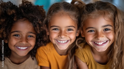 Three smiling children of diverse backgrounds gathered outdoors, embodying joy, friendship, and unity, captured with a bright and colorful style for positive vibes.