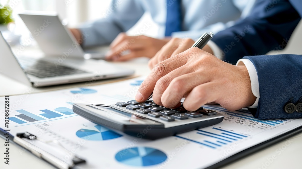Businessmen Analyzing Financial Data with Calculator and Graph Paper in Office Setting Businessmen Analyzing Financial Data with Calculator and Graph Paper in Office Setting