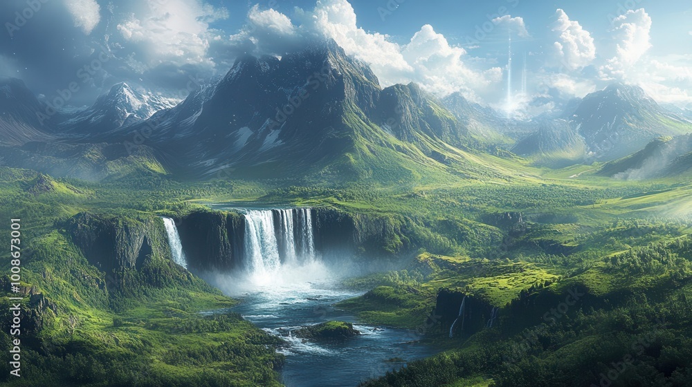 Fototapeta premium breathtaking icelandic landscape featuring dramatic mountains lush green valleys and cascading waterfalls bathed in the ethereal glow of the northern lights