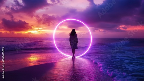 A cinematic shot of a girl walking along the beach at twilight, her silhouette outlined by vibrant neon lights that mimic the colors of the sunset sky