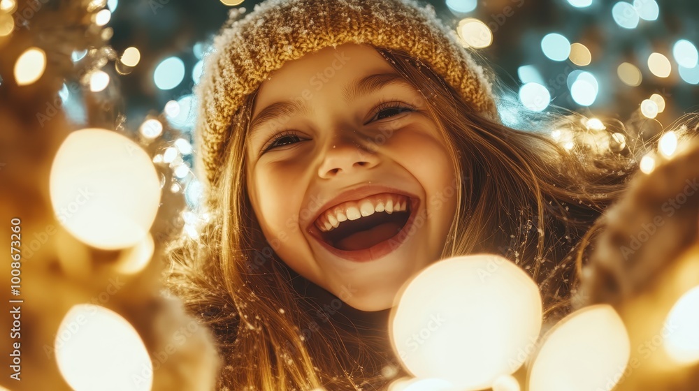 A cheerful girl enjoys the snowy outdoors, surrounded by magical twinkling lights, capturing the essence of winter joy and childhood wonder under a cozy hat. A cheerful girl enjoys the snowy outdoors, surrounded by magical twinkling lights, capturing the essence of winter joy and childhood wonder under a cozy hat.