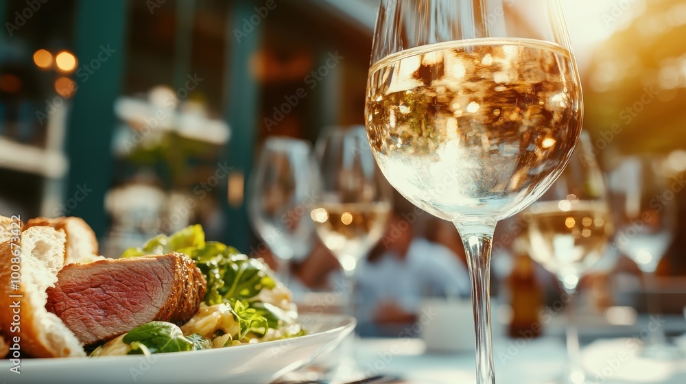 An elegant meal featuring steak and a glass of white wine, styled amidst a warmly lit dining setting, evoking a sense of luxurious indulgence.
