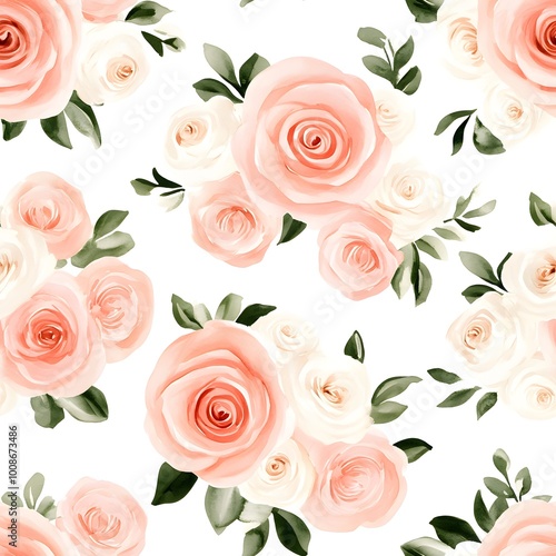 Watercolor Floral Seamless Pattern Peach and White Roses Green Leaves White Background