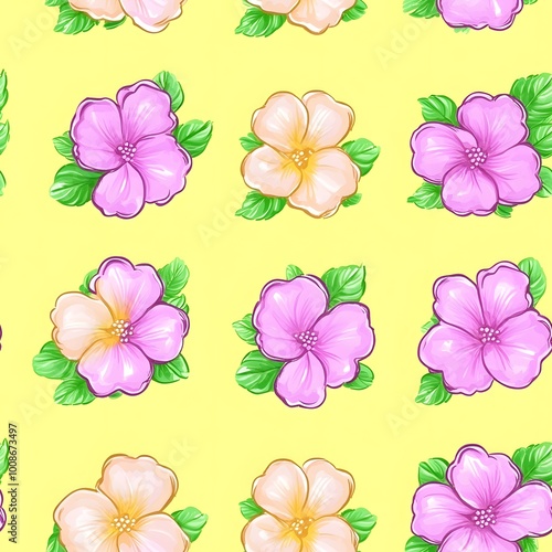 Watercolor Floral Seamless Pattern Pink and Yellow Flowers on Yellow Background