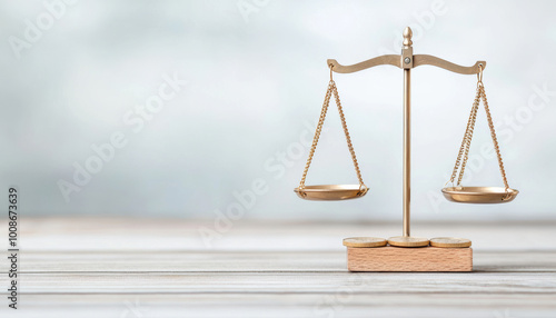 balanced scale symbolizes justice and fairness, showcasing golden coins that represent wealth and prosperity. This evokes sense of equilibrium and harmony in decision making