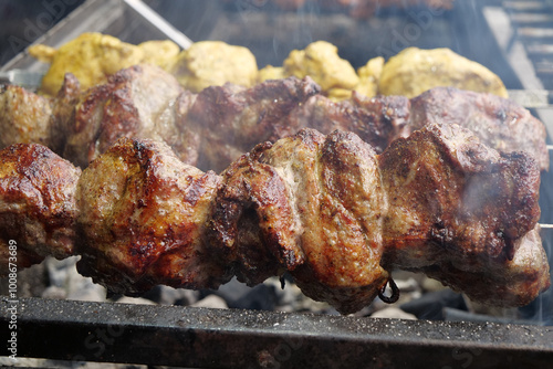 Meat on skewers. Large, fat kebabs are grilled on coals in a barbecue grill photo