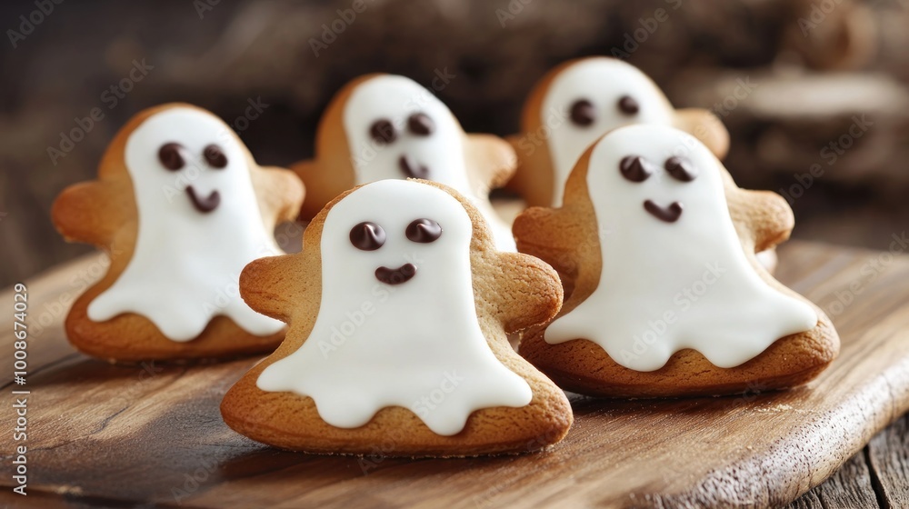 Gingerbread ghosts with white icing and chocolate eyes arranged on a wooden board. Funny Halloween treats concept. Gingerbread ghosts with white icing and chocolate eyes arranged on a wooden board. Funny Halloween treats concept.