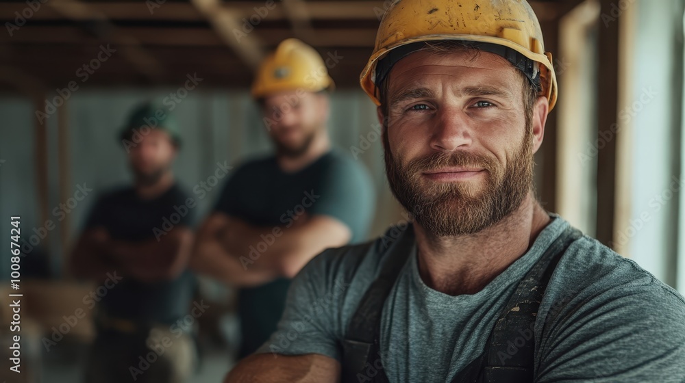 A confident construction worker stands in the foreground wearing a helmet and work attire, exuding strength and dedication in a construction setting. A confident construction worker stands in the foreground wearing a helmet and work attire, exuding strength and dedication in a construction setting.