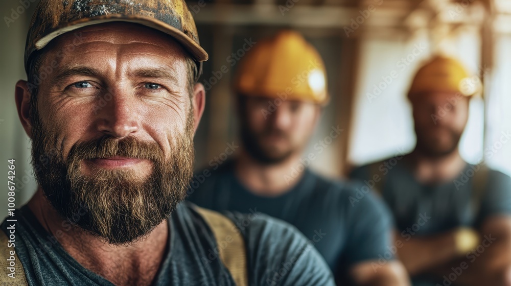 Close-up of a smiling construction worker with a bushy beard wearing a helmet, surrounded by two colleagues, capturing the essence of teamwork on a job site. Close-up of a smiling construction worker with a bushy beard wearing a helmet, surrounded by two colleagues, capturing the essence of teamwork on a job site.