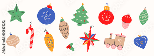 Set of vector christmas balls.Xmas ornaments isolated on white background.December decoration designs in retro style.Winter holiday adornment,tree decor,toys,holly berry.Vector illustration EPS 10.