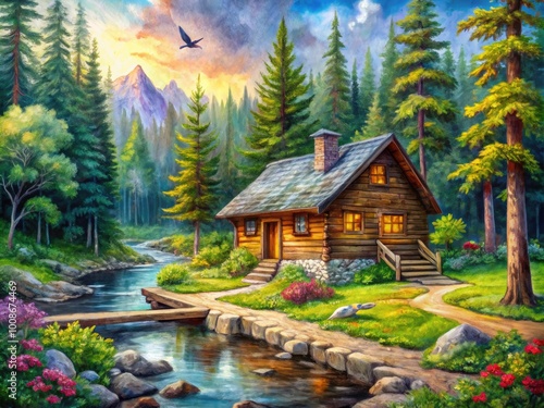 Serene Log Cabin in a Lush Forest Landscape - Beautiful Watercolor Painting of Nature's Tranquility