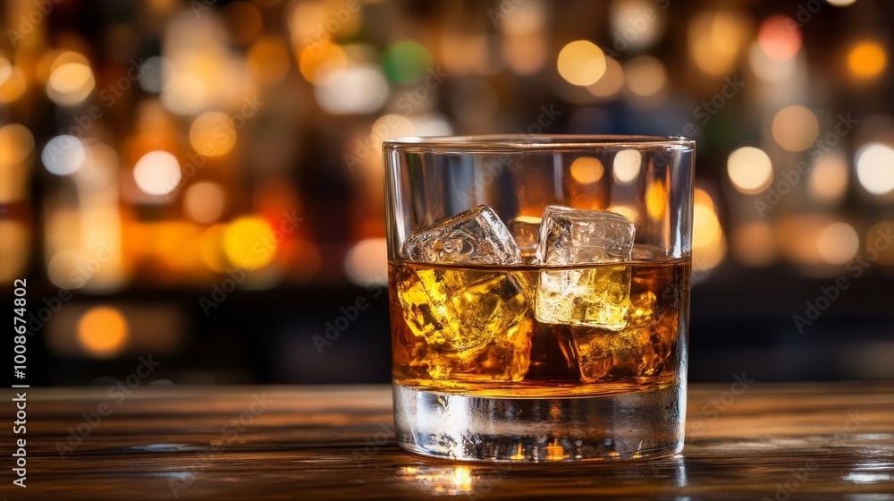 Whiskey, Bourbon, or Scotch on the Rocks in Tumbler Glass on Bar with Blurry Backdrop Whiskey, Bourbon, or Scotch on the Rocks in Tumbler Glass on Bar with Blurry Backdrop