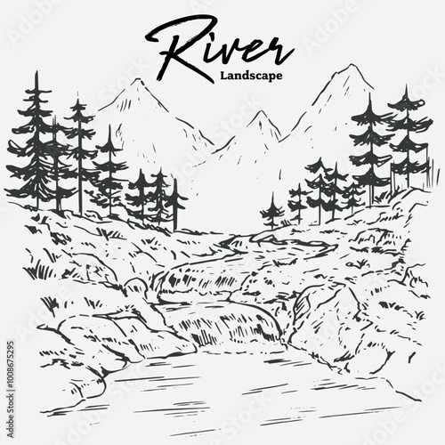 Isolated hand drawn river mountain river land scape illustration