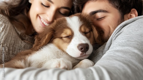 A puppy snuggling between a couple on a couch, with both of them playfully petting it, illustrating love that extends beyond just human relationships