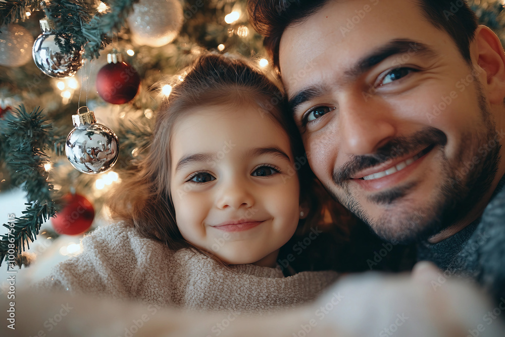 Generative AI image of mother father child couple family together by decorated Christmas tree holiday celebration themes Generative AI image of mother father child couple family together by decorated Christmas tree holiday celebration themes
