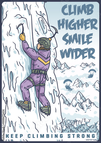 Illustration of a mountain climber ascending a frozen waterfall using ice axes with a snowy mountain range in the background