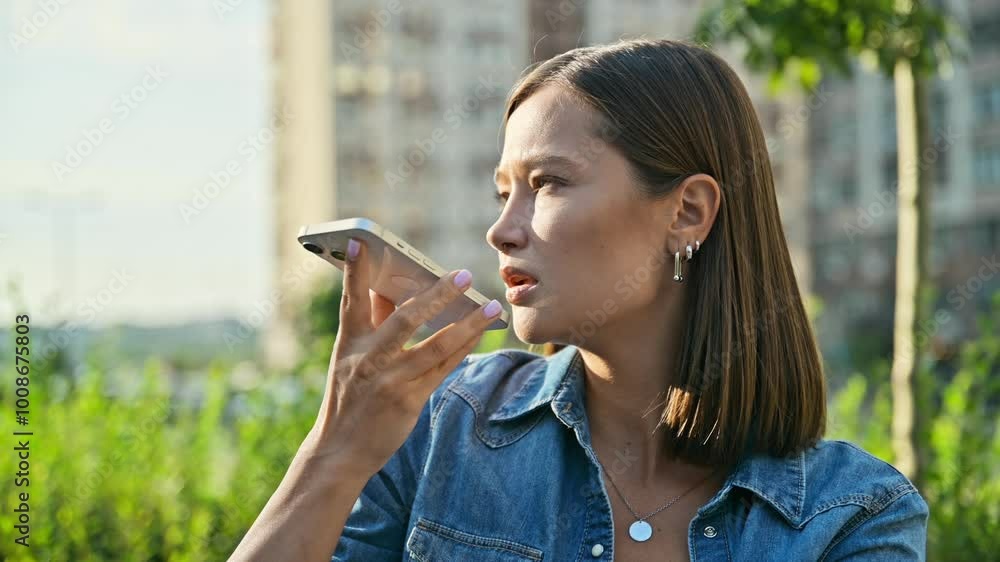 Young woman recording audio message on smartphone, outdoors, street urban style Young woman recording audio message on smartphone, outdoors, street urban style