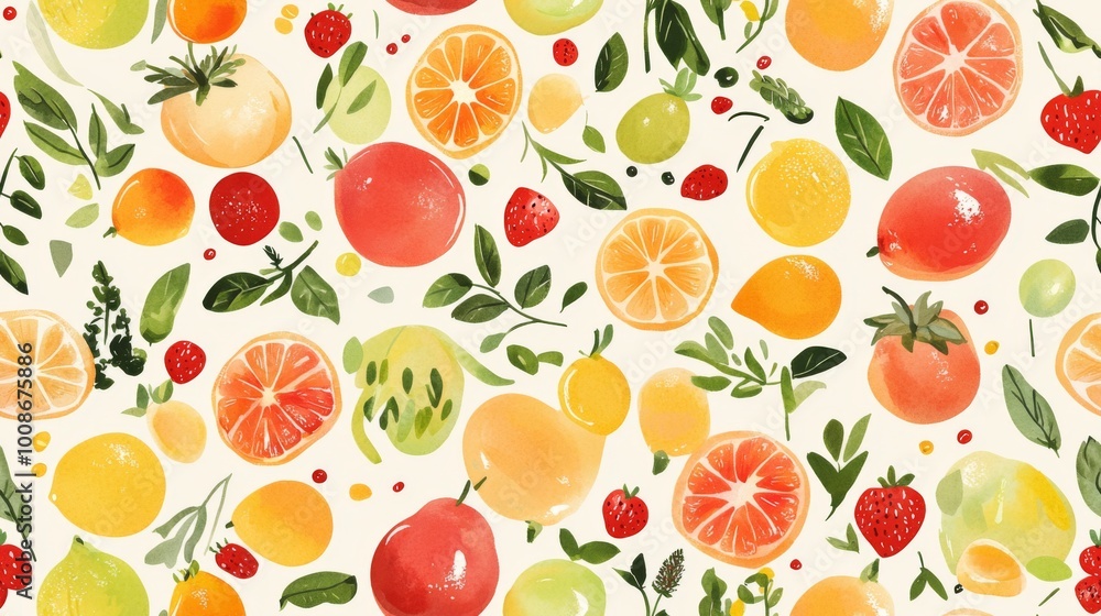 Colorful seamless pattern with various fruits and vegetables. Food texture background Colorful seamless pattern with various fruits and vegetables. Food texture background